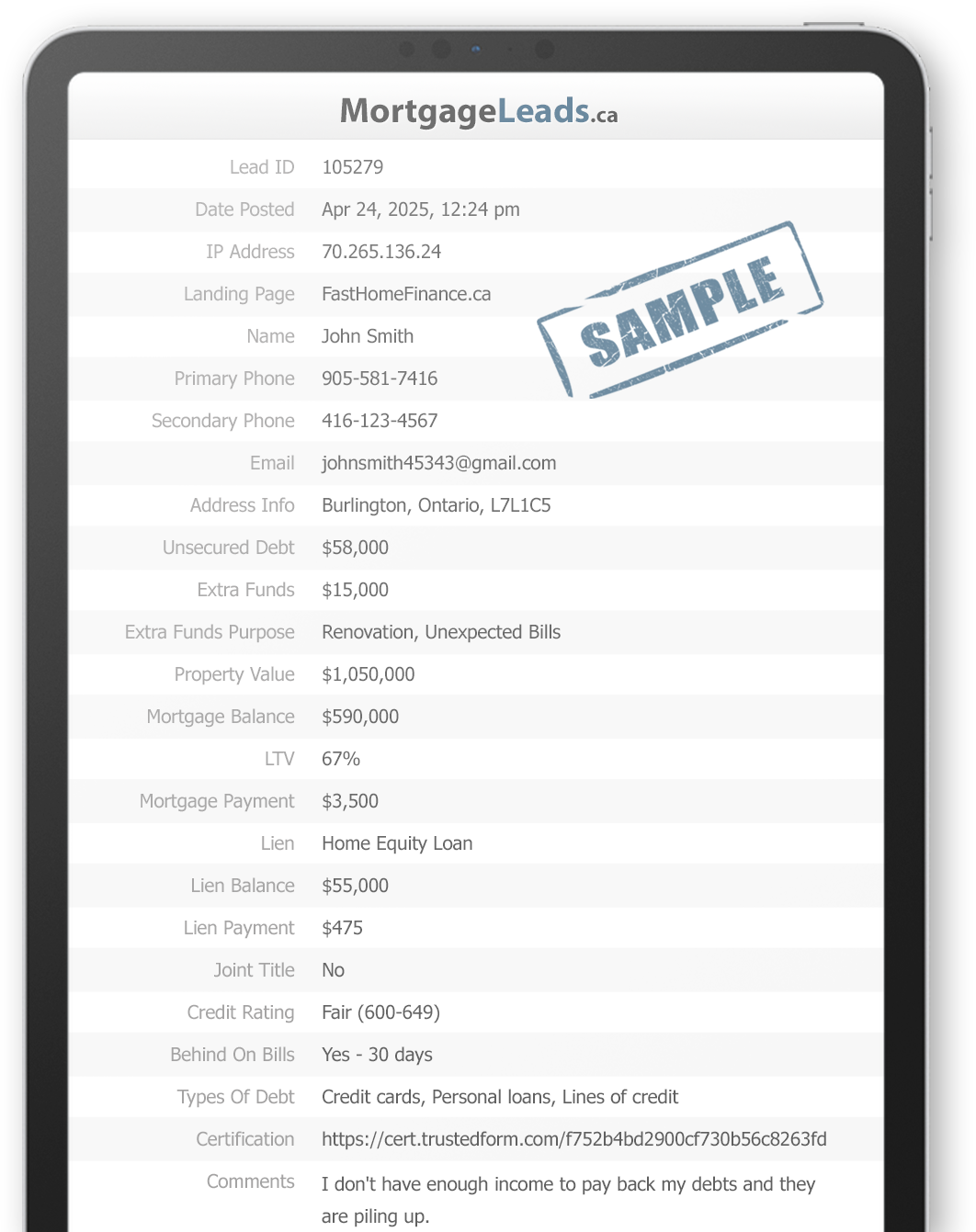 Sample Lead Data Sheet